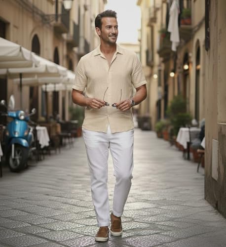 Image of Glowic Men Linen Shirt Casual Regular Fit Solid Stylish Summer Wear Shirt for Office Party Beach Holiday Lightweight Breathable Fashion Shirt