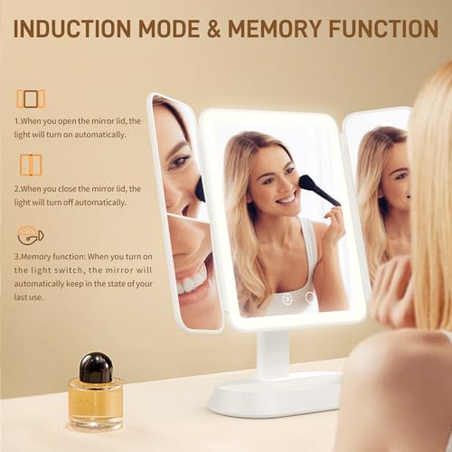 Image of FRANO Vanity Mirror with Lights, Rechargeable Lighted Makeup Mirror with 1X /3X /5X Magnification, Smart Touch 3 Colors Dimmable, Portable Trifold Light Up Mirror for Travel, Gifts for Women Girls