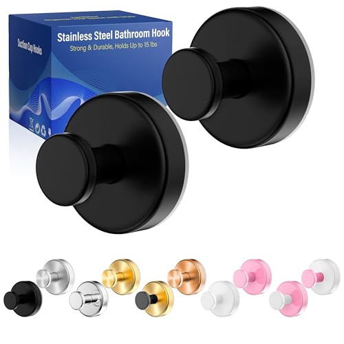 Suction Cup Hooks for Shower,Removable No Drill Towel Hooks,Upgraded 15 lbs Strong Suction Hooks for Bathroom Tile,Shower Wall,Glass Door,Kitchen-Loofah,Coat,Stainless Waterproof-Matte Black 2 Pcs