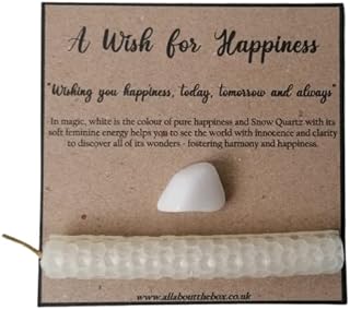Candle Wish For Happiness - 1x Natural White Hand Rolled Beeswax Candle and Snow Quartz Crystal | Spell Candles | Wish Candles | Beeswax Candle | Snow Quartz Tumblestone