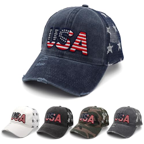 homeSlik 4th of July Hat - American Flag USA Trucker hat for Women Men - Fourth of July Patriotic Hat - 4th of July Accessories - Denim Baseball Cap