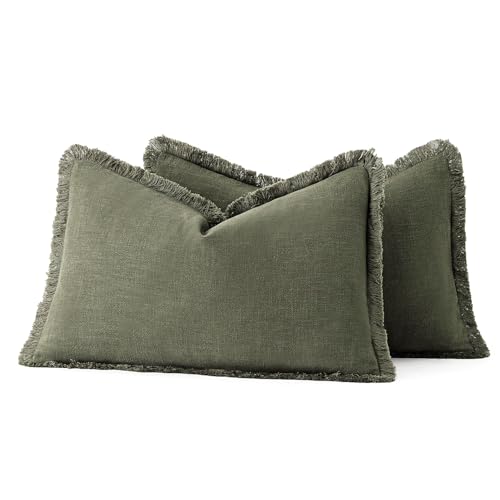 Image of MIULEE Decorative Lumbar Throw Pillow Covers Neutral Linen Fringe Throw Pillows Set of 2 Olive Green Boho Farmhouse Cushion Covers for Couch Sofa Bed Living Room Spring Home Decor 12x20 Inch