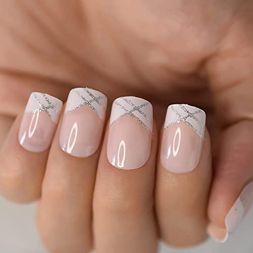 Nude Natural French Nail Fake Nails Short Length Designed False Nails Press On White Silver Glitter Tips #TOP7