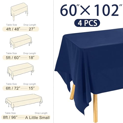 Image of 4 Pack Navy Blue Rectangle Polyester Tablecloth 60x102 Inch Washable Polyester Table Cover for Wedding Dining Table Buffet Parties Banquet Decor