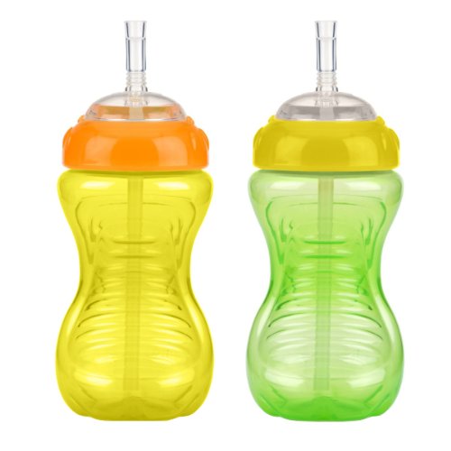 Nuby 2-Pack 10 oz No-Spill Cup with Flexi Straw, Green/Yellow