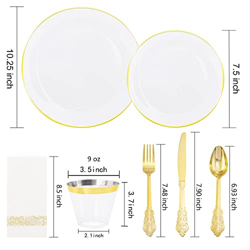 Llsf 700 Pcs White Gold Plastic Plates With Disposable Gold Plastic Silverware, Gold Plastic Dinnerware Include 100Dinner Plates,100Gold Salad Plates,300 Gold Cutlery,100 Cup & 100 Party Napkins #TOP1