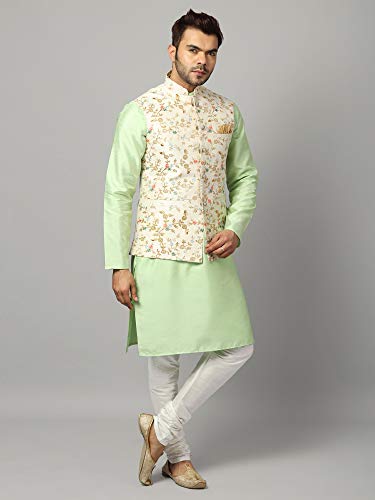 Image of Uri and MacKenzie Men's Silk Blend Kurta Churidar Pyjama with Stylish Nehru Jacket