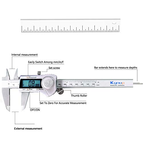 Kynup Digital Caliper, Caliper Measuring Tool with Stainless Steel, IP54 Waterproof Protection Design, Easy Switch from Inch Metric Fraction, Large LCD Screen (6 Inch /150mm)