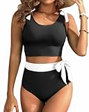 Yonique Two Piece High Waisted Swimsuits - Women Tummy Control Bikini Modest Bathing Suit 2PC 2025 Black and White L