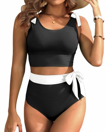 Image of Yonique Two Piece High Waisted Swimsuits Tummy Control Bikini | Full Coverage; Full Lining; Tie shoulder knots to ease ache; Cool airflow via scoop U-back