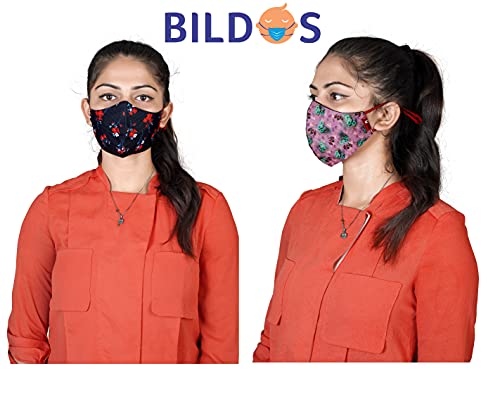 Image of Bildos Cotton Flower & Crystal Printed Cloth Without Valve Super Breathable Reusable Women's & Girl's Face Mask with Adjustable Ear Loop (Multicolour) - Pack of 12