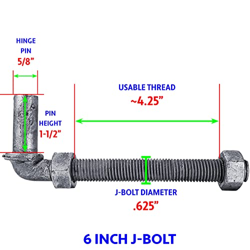J-Bolt Post Hinge 6" - Hinge Bolts Thru The Post Includes Nuts - J-Bolt Hinge Has 5/8" Male Pin - Fence Bolt Though Post Hinge - Quantity 2 #TOP3
