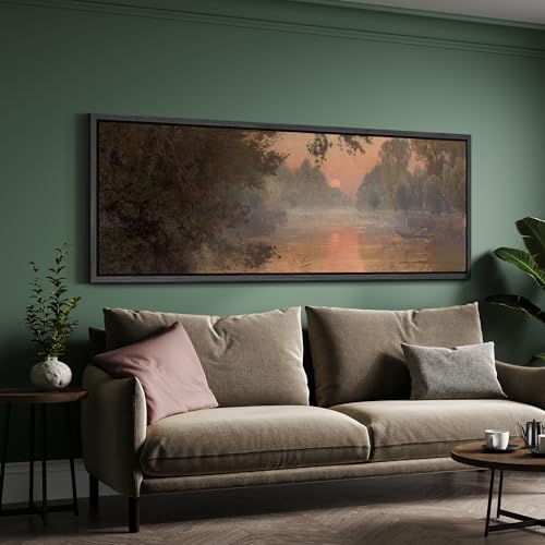 Image of MUDECOR Large Framed Canvas Print Wall Art Serene River Sunset Reflection Soft Nature Landscape Antique Retro Ready to Hang Painting for Living Room Bedroom Multi-Sizes - 60 inchx20 inch