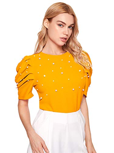Romwe Women's Elegant Pearl Embellished Puff Short Sleeve Embroidered Blouse Tops Beaded Yellow Small #TOP2