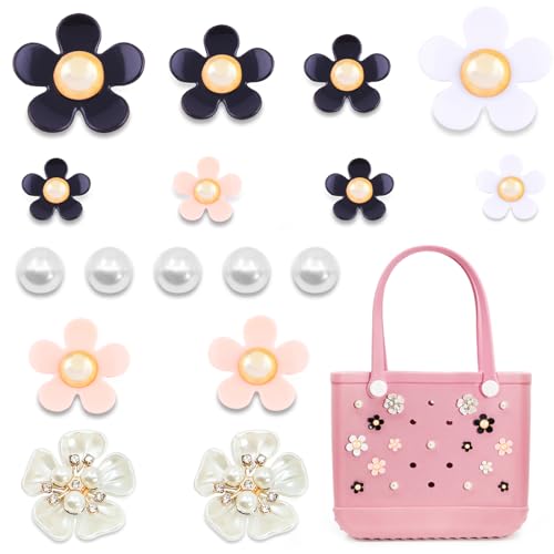 Charms for Bogg Bag, Pearls and Colorful Flowers for Bogg Bag Accessories, Compatible with Women Rubber Beach Bag Tote Handbag Decoration（17 Pcs）