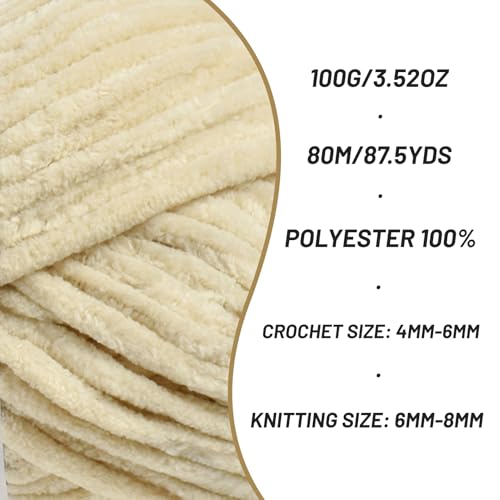 Image of 2 Pack Fluffy Chenille Yarn for Crocheting, Chunky Velvet Yarns for Crochet Amigurumi, Baby Yarn for Crocheting Soft Blanket, 174.9yds /7 oz Bulky Yarns for Crafts /Hats /Shoes /Socks (2 Beige)