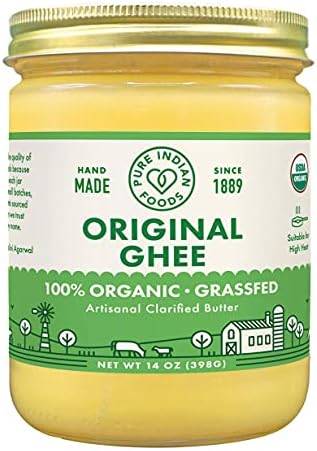 Pure Indian Foods Organic Grassfed Original Ghee, 14 oz, Pasture Raised, Gluten-Free, Non-GMO, Paleo, Keto-Friendly Cooking Fat / Oil, Clarified Butter (16 fl oz / 1 pint)