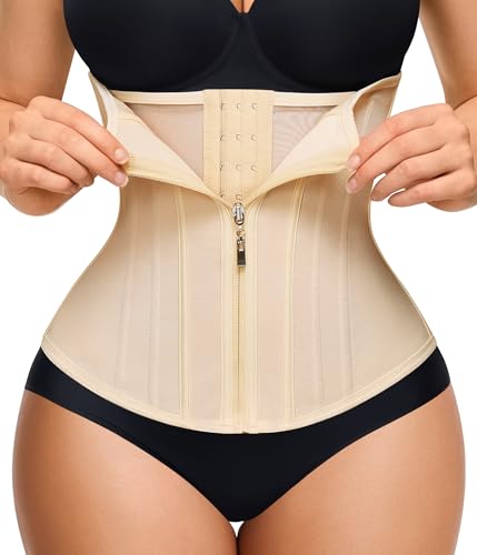 Nebility Waist Trainer for Women Zipper Corset Shapewear Tummy Control Mesh Waist Cincher Faja Body Shaper(Small, Beige)