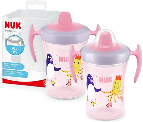 NUK Trainer Cup Trinklernbecher im praktischen Doppelpack, auslaufsicherer Becher mit weichem Trinkschnabel & ergonomischen Griffen, 6+ Monate, 230 ml, BPA-frei, rosa Pinguin | 2 Stück