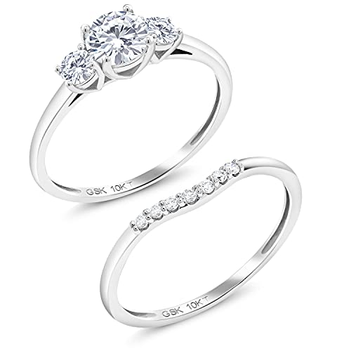Gem Stone King 10K White Gold Moissanite and White Lab Grown Diamond 3-Stone Bridal Engagement Wedding Ring Set For Women (0.74 Cttw, Round 5MM, Available in Size 5,6,7,8,9)2