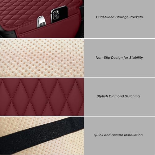 Car Center Console Cover, Upgraded Microfiber Leather Car Arm Rest Cover with 2 Storage Bags, Universal Armrest Cover for Car Storage Box Car Interior Accessories Protector for Most Vehicle-Red