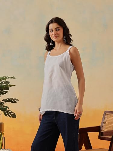Image of Ada Women's Cotton Blend Regular Fit Tunic Hand Embroidered Lucknowi Chikankari Kota Western Top Kurti With Slip A911184