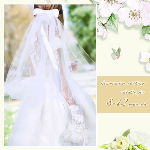 Quelay 9 Pcs First Communion Veil Set for Girls Catholic 1st Communion Veil Accessories Wreath Headpiece Crown Pearl Rosary Pouch Belt Necklace Bracelet White Gloves Sock for Kid Wedding 6