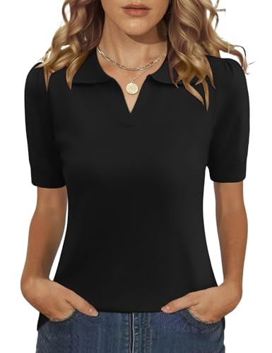 LOMON Polo Shirts for Women V Neck Short Sleeve Sweater Fall Outfits Work Blouse Dressy Causal Spring Business Tops Teacher Outfis(Black,X-Large)