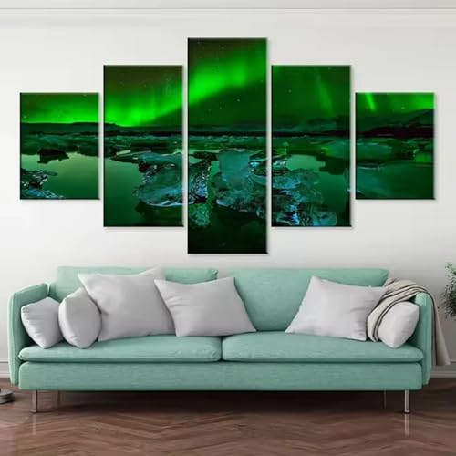 Lumières du nord en affiche décoration murale verte - Tableau panoramique 5 parties 200x100 cm