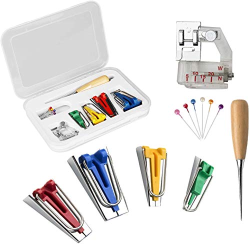Juego de 16 herramientas para hacer cintas de bies individuales/dobles, 4 tamaños de manualidades, 6 mm, 12 mm, 18 mm, 25 mm para coser y coser punzón y encuadernador, herramientas de costura