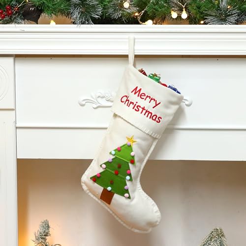 Hopearl Pom Pom Christmas Tree Stocking Boho Fireplace Sock, Cream, 18''