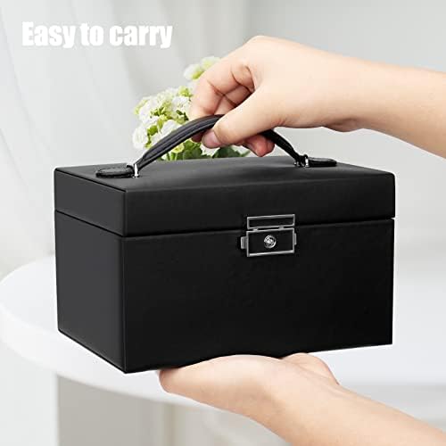 Jewellery Box Organiser, 3 Layers PU Leather Jewelry Storage Case with Mirror and Lock, Lockable Jewellery Organiser with 2 Drawers for Rings, Bracelets, Earrings, Black