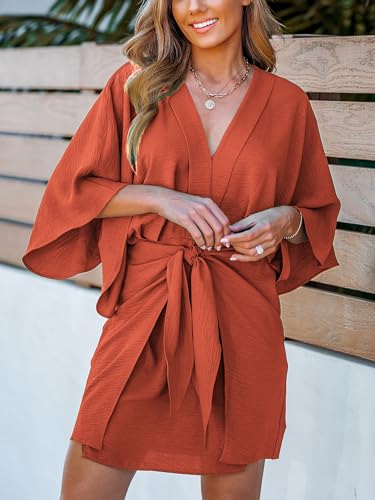 Image of CUPSHE Womens Vacation Mini Summer Dress V Neck Kimono Sleeve Belted Flowy Loose Resort Wear Casual Beach Cover Up Dress