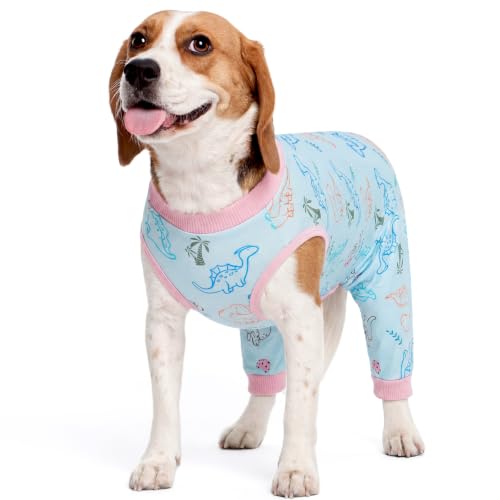 Image of Kuoser Dog Recovery Suit with Anti Licking Rear Leg Sleeve, Dinosaur M | Abdominal Dog Surgical Suit with Pants Cover Protect Wounds, Dogs Elbow Protector Soft Pet Surgery Onesie Cone Alternative
