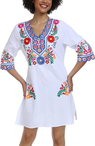 Image of YZXDORWJ Women Embroidered Mexican V Neck Floral Dress Long Sleeve Floral Traditional Bohemian Dress