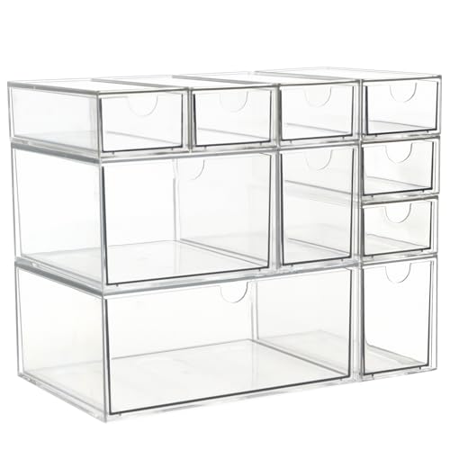 Acrylic Makeup Organizer, 10 Drawers Clear Storage Organizer Desktop Stackable Storage Drawers, Plastic Organizer Bins for Makeup, Stationery, Cosmetics, Vanity, Bathroom,Cabinet,Pantry Office Desk
