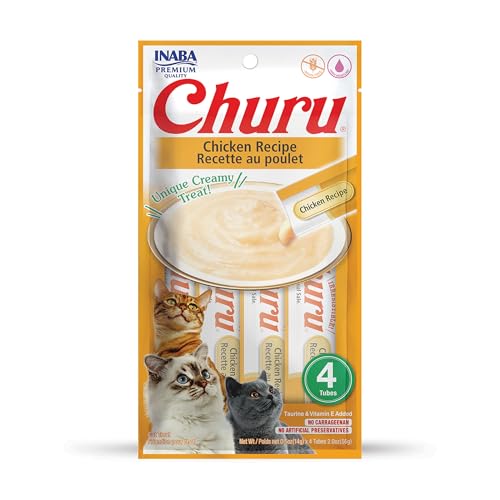 Image of INABA Churu Cat Treats, Grain-Free, Lickable, Squeezable Creamy Puree Cat Treat /Topper with Vitamin E & Taurine, 0.5 Ounces Each Tube, 4 Tubes, Chicken Recipe