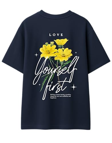 Image of Oversized Cotton T-Shirt for Women Half Sleeve - Love Yourself First Printed Tee - Breathable Loose Fit Motivational Casual Wear for College and Daily Outfits