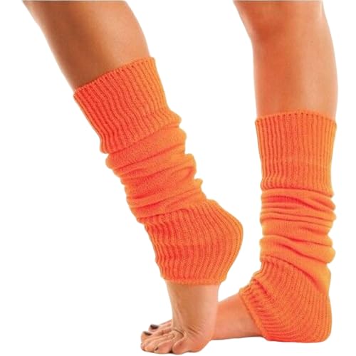 Lizzy | Leg Warmers | Neon Orange, One Size, 40cm Length | 80s Fancy Dress, Ribbed Knit, Stretch Fit | Dance, Rave, Costume Accessory