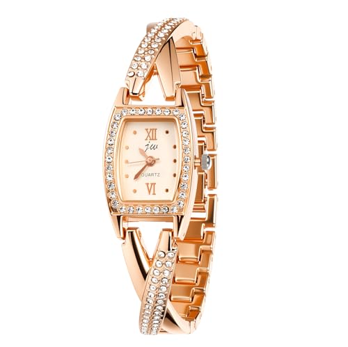 Image of Oidea Tonneau Watch for Women: Luxury Rhinestone Bezel Rose Gold Tone Stainless Steel Band Elegant Silver White Dial Analog Quartz Dress Wristwatch