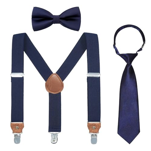 3 Stück Hosenträger Kinder 5-12 Jahre, Hosenträger Fliege Set für Jungen & Mädchen, Verstellbar Elastisch mit 4 Clips, Y-Form, Stilvolle Hosenträger und Fliegen für Hochzeit & Schulveranstaltungen