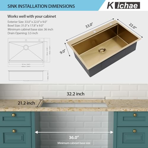 Image of 33 Gold Drop In Kitchen Sink - Kichae 33x22 Gold Brushed Stainless Steel Drop Sink 16 Gauge Ledge Workstation Single Bowl Topmount Overmount Handmade Basin with Faucet & Glass Rinser