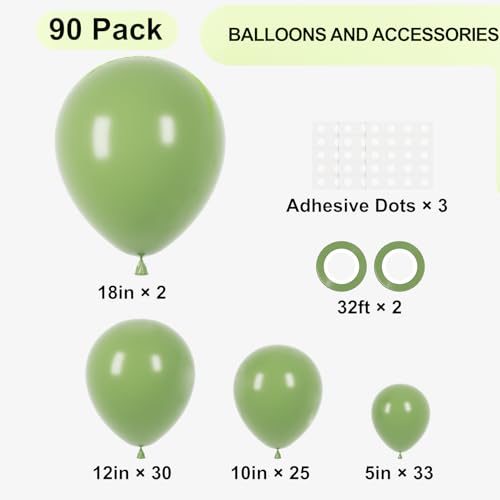 Image of Voircoloria 90pack Sage Green Balloons Different Size 18 /12 /10 /5 Inch Olive Green Balloon Garland Arch Kit for Graduation, Wedding, Birthday, Bridal Shower, Baby Shower, Anniversary Party Decorations