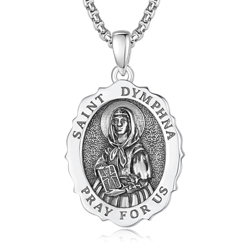 TANGPOET St Dymphna Medal Pendant Necklace for Men, 925 Sterling Slver Patron Saint Catholic Religious Jewelry Gifts