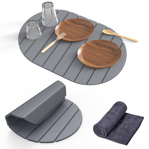 Stone Dish Drying Mat for Kitchen Counter,24"(L)×16"(W) Collapsible Fast-Drying Diatomaceous Earth Mats with Towel Sanding Tool,Versatile Stone Drying Mats for Cups Dishes Bottles