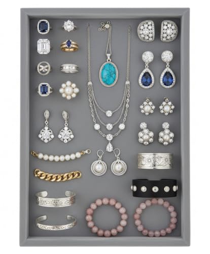 Image of Velvet Jewellery Display & Beading Tray | 12 x 9 Inch Organizer Tray for Necklaces, Bracelets, Cosmetics & Craft Storage | Soft Velvet Finish, Durable & Multipurpose (Pack of 1) (Grey)