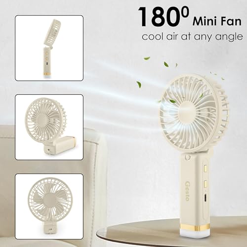 Image of Gesto Portable Fan Rechargeable with LED Light - Foldable Mini Fan, Small Fan,USB Charging Hand Fan with 1200mAh Battery & 3 Speed Modes | Travel, Makeup, Kitchen,Women's Personal Pankhaa - White