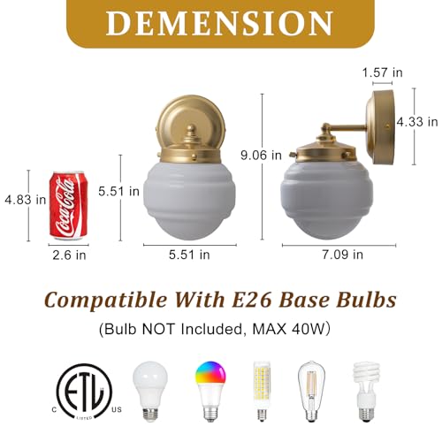 Image of Mid Century Wall Light, Vintage Wall Sconce, Gold Vanity Sconce, Milk Glass Wall Lamp for Bathroom Hallway Kitchen Bedroom Living Room Stairway (Hardwired, E26)