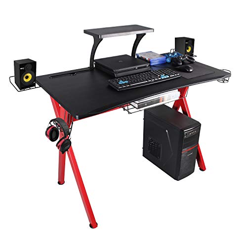 Lazzo Stylish 41.7  Multifunction Computer Gaming Desk Music Workstation With Removable Display Support Plate,Cup Holder and Headphone Hook,Storage Basket,For Home Office Bedroom,Red & Black 41 x23.5 