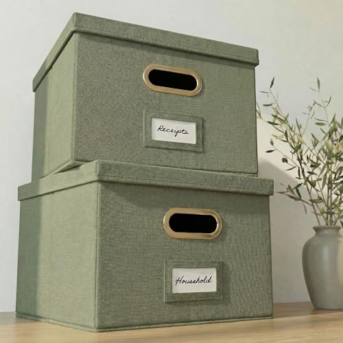 ZICOTO Decorative File Organizer Box Set of 2 - Collapsible Linen Filing Cabinets w/Handles Are Perfect to Store all Your Documents & Hanging File Folders - Portable Easy Slide Crates with Lid